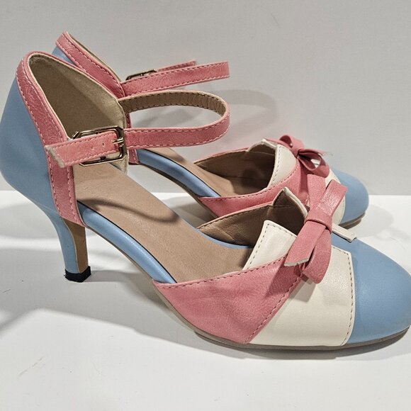 Women’s Retro Two-Tone Bow Heels Pink Blue Size 35 Ankle Strap Vintage Style - Picture 7 of 8